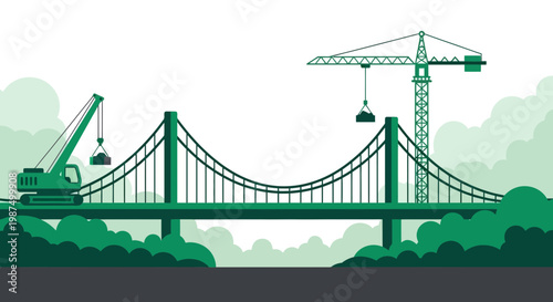 Green Construction Underway Showing Bridge Engineering and Cranes Moving Materials on a Sunny Day