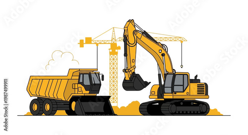 Illustration of Construction Machinery Depicting an Excavator, Dump Truck, and Construction Crane