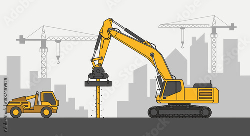 Illustration Of Construction Machinery On A Building Site With Modernistic City Background