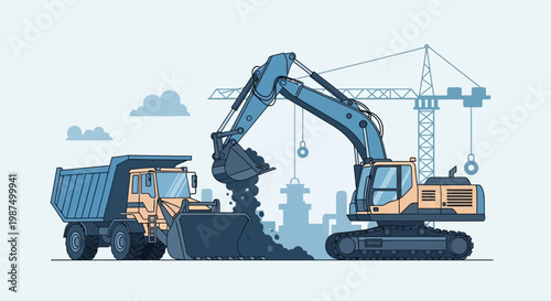 Illustration of Construction Machinery Working on a Building Site with a Crane Above
