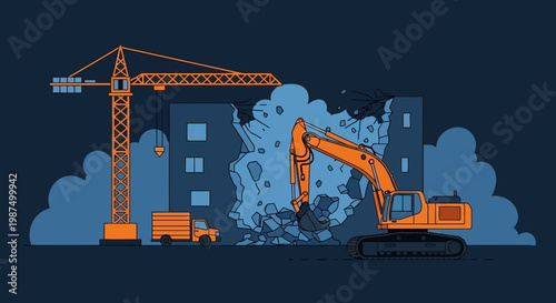 Illustration Depicting Demolition Process With Heavy Machinery And Construction Crane