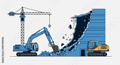 Illustration Depicting Demolition Process, Modern Construction With Machinery at Work