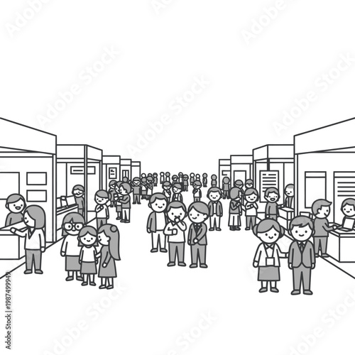 Crowd of people at a trade show or exhibition, cartoon style, black and white