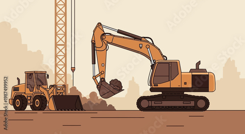 Illustration Of Construction Machinery Working On A Building Site In A Retro Style Vector