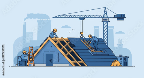 Illustration Depicting Roof Construction and Industrial Landscape in a Vector Style
