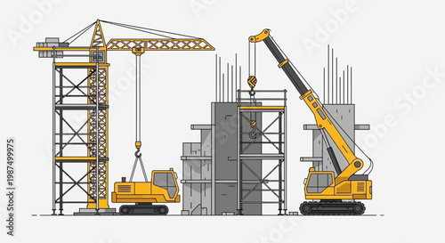 Illustration Of Construction Site: Cranes, Buildings, and Machinery in Action