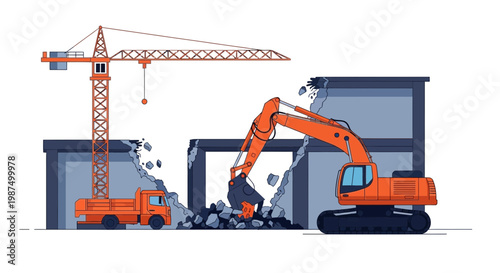 Illustration Of Construction Site: Demolition, Crane, Trucks And Excavator At Work