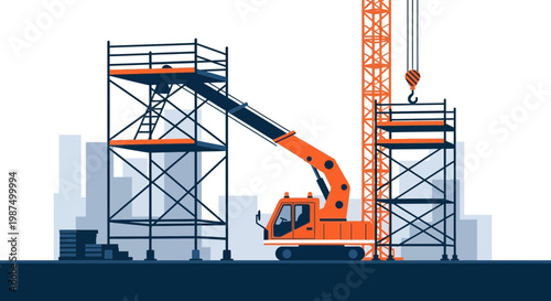 Illustration Of Construction Site: Cranes, Scaffolding And A City Skyline Backdrop