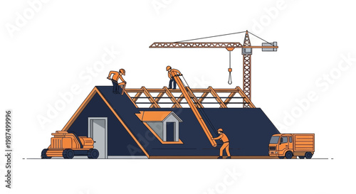 Illustration Of A Building Roof Construction Process, House Builders With A Crane Working Together