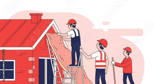 Home Construction Crew Working Together on Rooftop Insulation Improvement, Vector Illustration