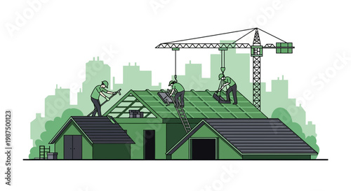 House Construction: Builders At Work, Building A New Home With Cranes And Tools