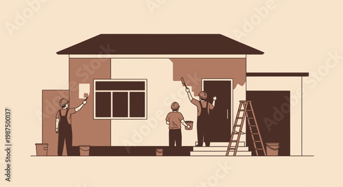 Home Renovation Illustration Depicting Painters Working Together on Painting the Exterior
