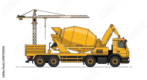 Illustration Of A Construction Project Featuring Concrete Mixer Truck And Crane In Action