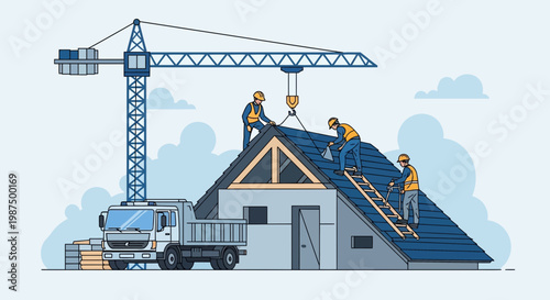 House Construction: Builders, Crane, And Truck Involved In The Construction Process