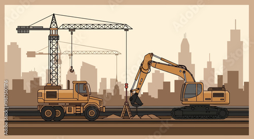 Illustration Of A Construction Project With Heavy Machinery And City Silhouette View