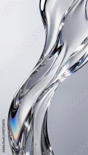 Abstract liquid glass wave with iridescent reflections on white background