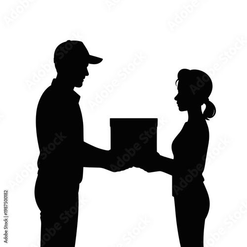 Delivery courier handing package to customer silhouette, contactless delivery and shipping service concept isolated on white background for logistics or e commerce design
