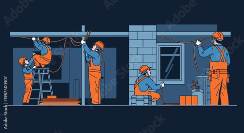 Illustration Of Electricians At Work Installing Wiring In a Building or Construction Site