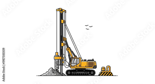 Illustration Of Heavy Construction Equipment Drilling Into The Earth For Foundations.
