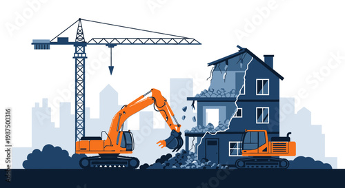 Illustration Of A Demolition Site Featuring Construction Equipment And A Collapsing Structure