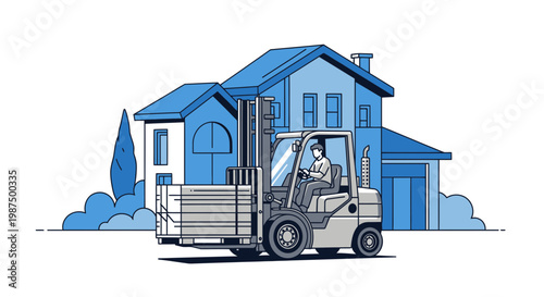 Illustration Of A Forklift Carrying A Pallet In Front of A Contemporary House