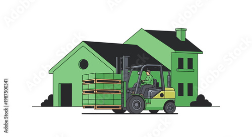 Illustration Of A Forklift Carrying Materials Towards The Residential Property Buildings.