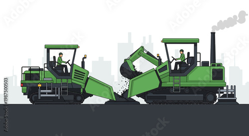 Illustration Of Heavy Duty Equipment Performing Asphalt Paving And Road Construction Activities