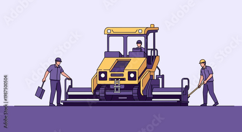Illustration Of Asphalt Road Construction Showing Workers And Road Paving Machine