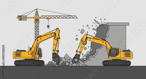 Illustration Of Heavy Machinery Destroying A Wall With A Crane In The Background