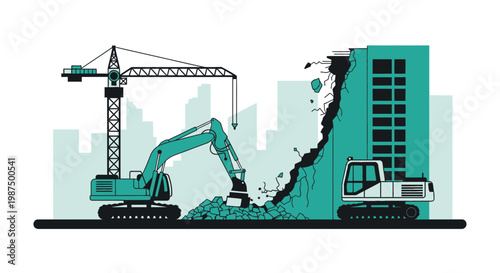Illustration Of Heavy Machinery Destroying A Building Ready For New Construction Projects