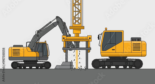 Illustration Of Heavy-Duty Machinery At A Construction Site For Building Foundations