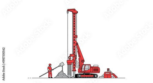 Illustration Of Heavy-Duty Drilling Equipment And On-Site Construction Worker