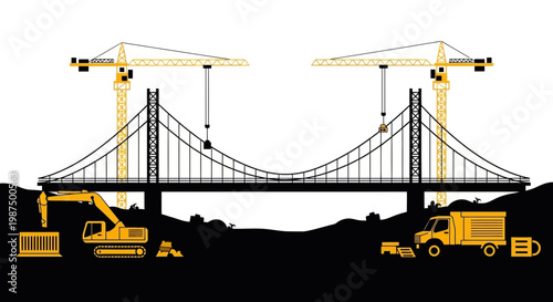 Illustration Of Bridge Construction With Cranes, Excavator And Truck On Black Backdrop
