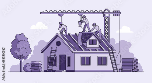 Illustration Of House Construction With Builders Working On Rooftop And Crane At Work