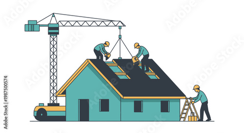 Illustration Of House Construction With Crane And Construction Workers At Work