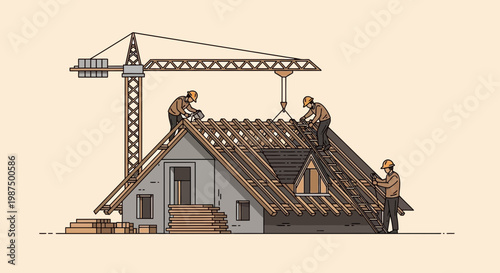 Illustration Of Builders Constructing House Roof: Crane, Teamwork, Craftsmanship, and New Home