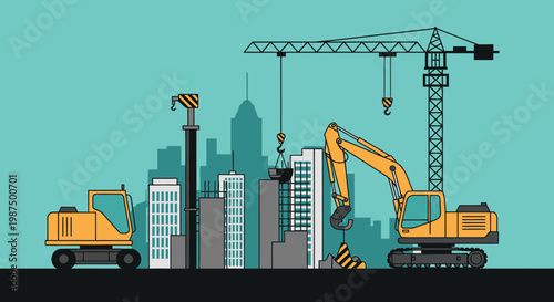 Illustration Of Skyscrapers Under Construction, Depicting Heavy Machinery And Urban Development