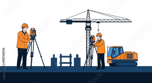 Illustration Of Surveyors Working On A Construction Site with A Crane and Equipment