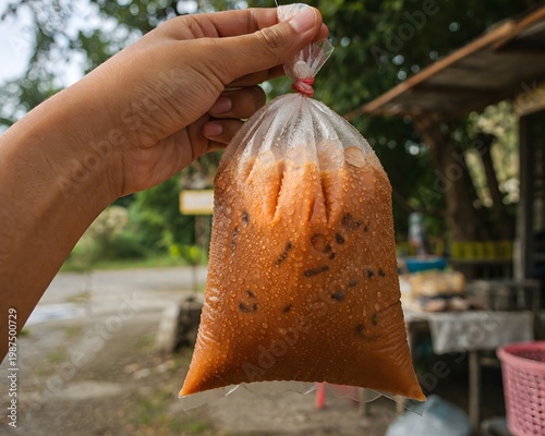 Teh tarik drink in malaysian style plastic held