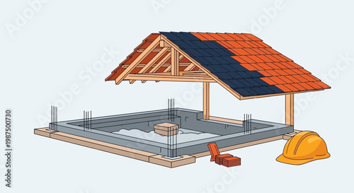 Illustration Of Structure Under Construction With Roof Frame, Hard Hat, And Building Materials