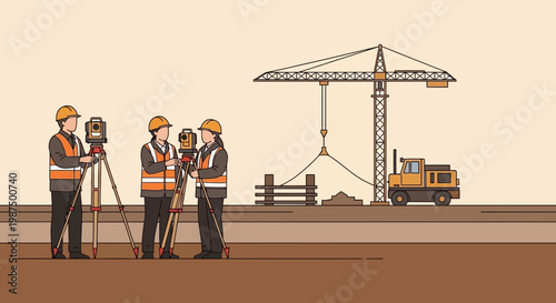 Illustration Of Surveyors Working On Construction Site With Crane And Equipment