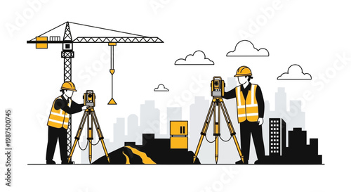 Illustration Of Surveyors Working On a Construction Site With Equipment And Crane