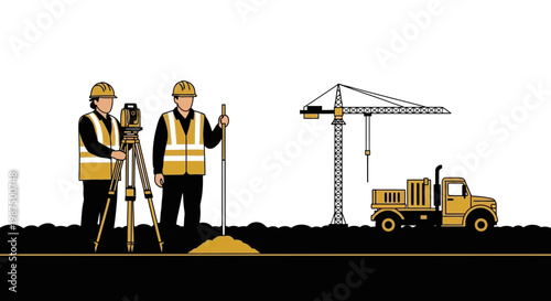 Illustration Of Surveyors Working On Construction Site With Crane And Truck On White Back