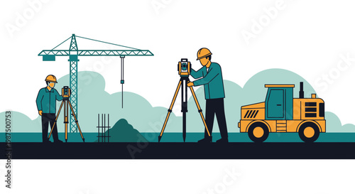 Illustration Of Surveyors Working On Construction Site With Machinery And Crane