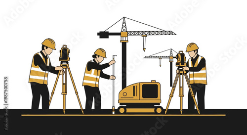Illustration Of Surveyors Working On Construction Site With Machinery And Equipment