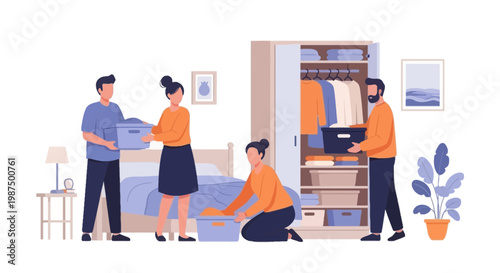 Modern Family Packing and Organizing Memorabilia in Bedroom