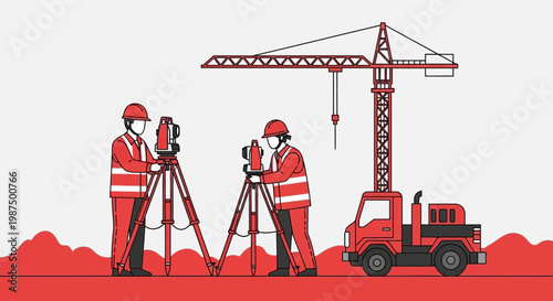 Illustration Of Surveyors Working On Construction With Tower Crane Truck And Instruments