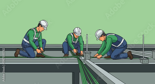 Illustration Of Technicians Installing Cables for Electrical Wiring in a Building's Structure