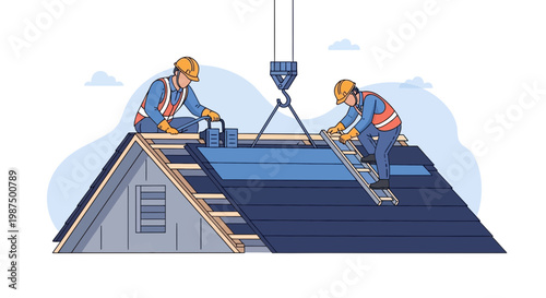 Illustration Of Two Construction Workers Refurbishing Roof With Blue Tiles And Tools