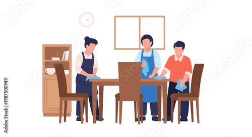 Family Dining Scene with Three People at Kitchen Table